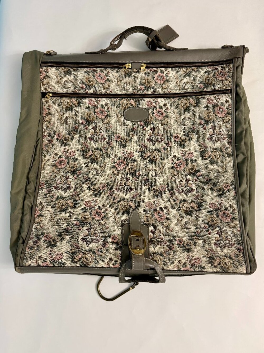 Vintage French Luggage Company Floral Tapestry Garment Bag with Leather Trim